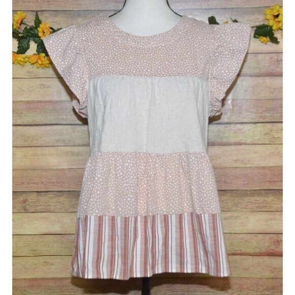 entro Tops - Entro Beige & Pink Cap Sleeve Tiered Blouse Top Size S Striped Polka Dots Cute